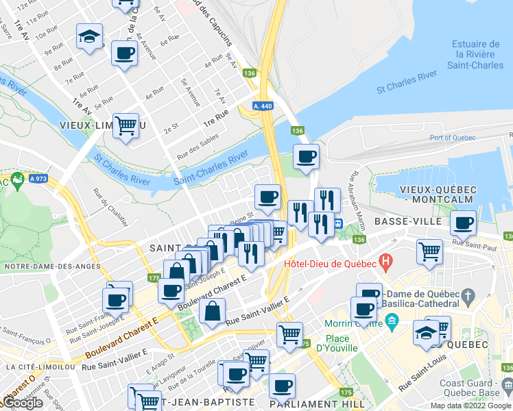 map of restaurants, bars, coffee shops, grocery stores, and more near in Québec