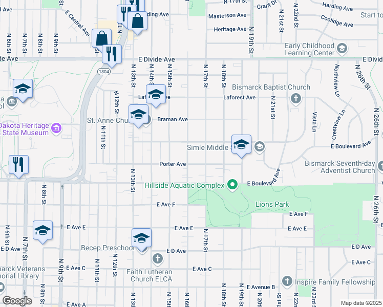 map of restaurants, bars, coffee shops, grocery stores, and more near 1215 North 16th Street in Bismarck