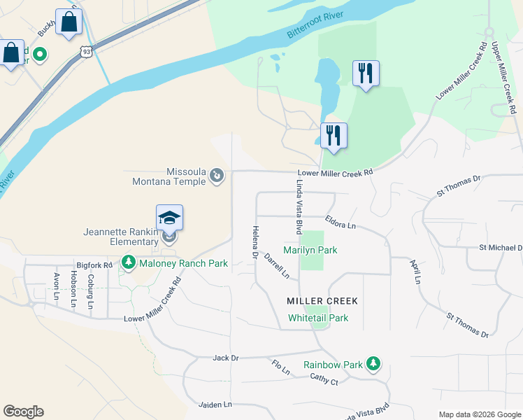 map of restaurants, bars, coffee shops, grocery stores, and more near 3417 Eldora Lane in Missoula