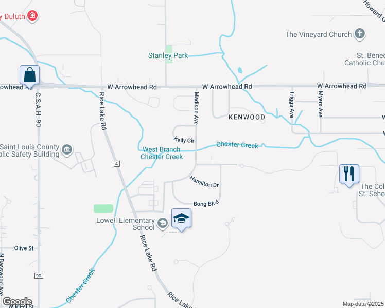 map of restaurants, bars, coffee shops, grocery stores, and more near 505 Madison Avenue in Duluth