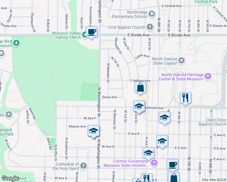 map of restaurants, bars, coffee shops, grocery stores, and more near 114 Sioux Avenue in Bismarck