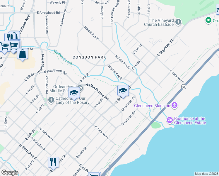 map of restaurants, bars, coffee shops, grocery stores, and more near 3131 East 1st Street in Duluth