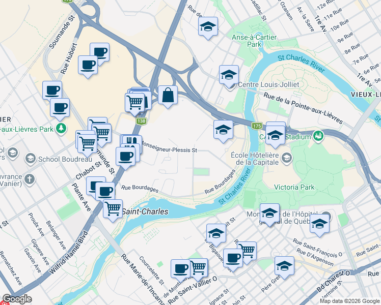 map of restaurants, bars, coffee shops, grocery stores, and more near 1515 Monseigneur-Plessis Street in Québec City