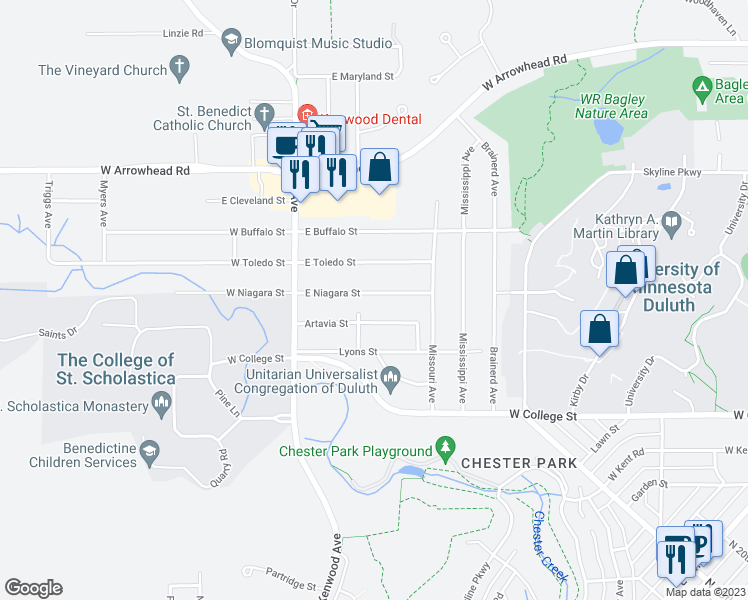 map of restaurants, bars, coffee shops, grocery stores, and more near 110 East Niagara Street in Duluth