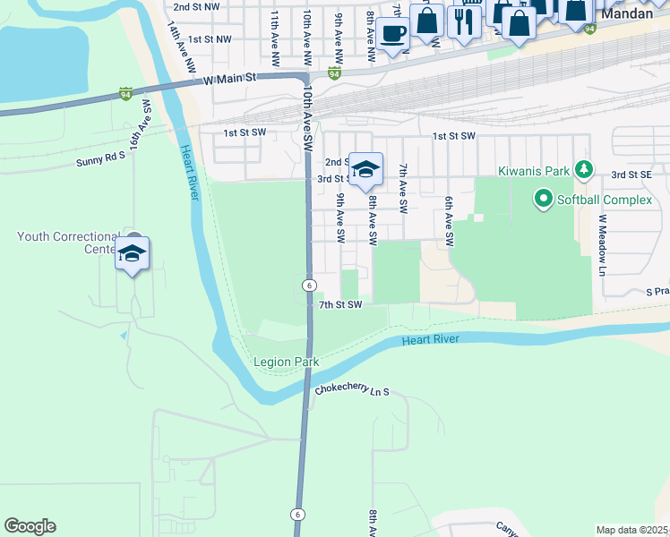 map of restaurants, bars, coffee shops, grocery stores, and more near 701-799 9th Avenue Southwest in Mandan