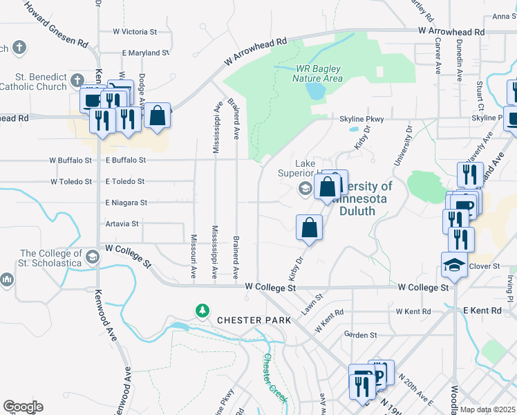 map of restaurants, bars, coffee shops, grocery stores, and more near 1141 Junction Avenue in Duluth