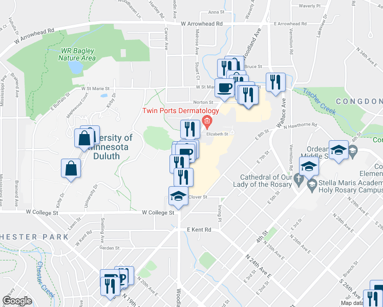 map of restaurants, bars, coffee shops, grocery stores, and more near 1220 Woodland Avenue in Duluth