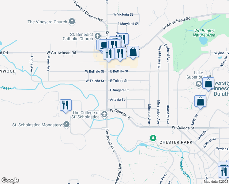 map of restaurants, bars, coffee shops, grocery stores, and more near 20 East Niagara Street in Duluth