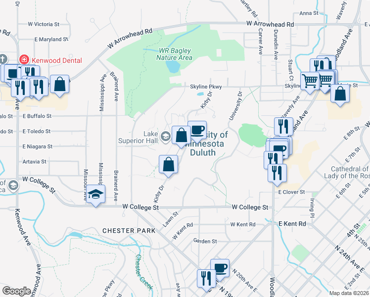 map of restaurants, bars, coffee shops, grocery stores, and more near 2468 Kirby Dr in Duluth