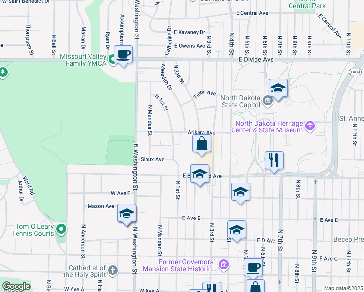 map of restaurants, bars, coffee shops, grocery stores, and more near 1111 North 1st Street in Bismarck