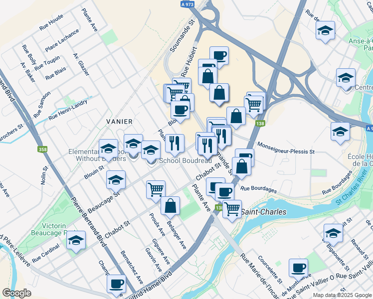 map of restaurants, bars, coffee shops, grocery stores, and more near Avenue Turcotte in Ville de Québec