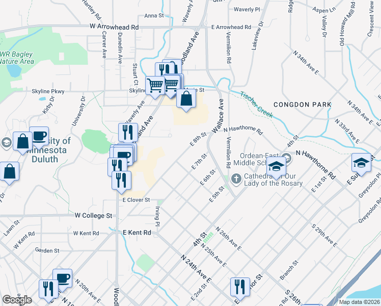 map of restaurants, bars, coffee shops, grocery stores, and more near 2717 East 7th Street in Duluth
