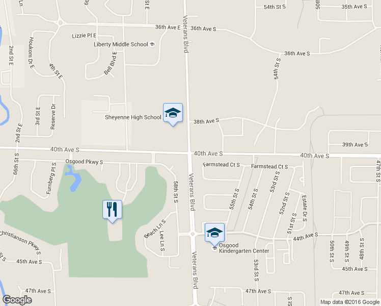 map of restaurants, bars, coffee shops, grocery stores, and more near Veterans Boulevard in Fargo