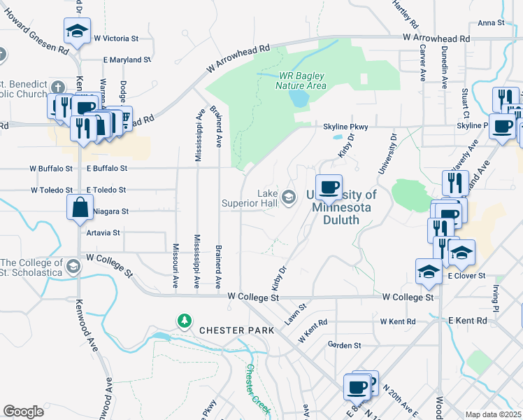 map of restaurants, bars, coffee shops, grocery stores, and more near 901 Village Lane in Duluth