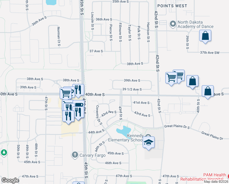 map of restaurants, bars, coffee shops, grocery stores, and more near in Fargo