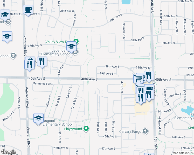map of restaurants, bars, coffee shops, grocery stores, and more near 5050 40th Avenue South in Fargo