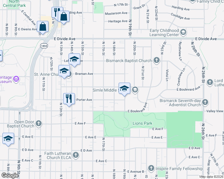 map of restaurants, bars, coffee shops, grocery stores, and more near 1716 Porter Avenue in Bismarck
