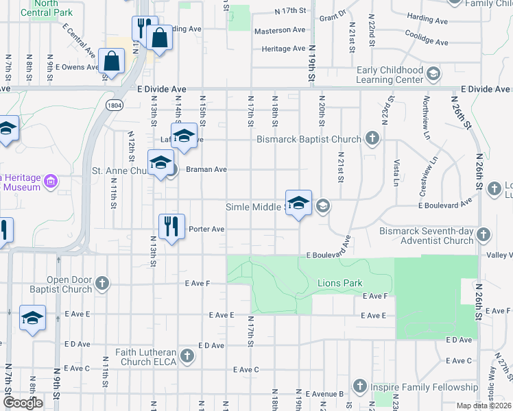 map of restaurants, bars, coffee shops, grocery stores, and more near 1716 Porter Avenue in Bismarck