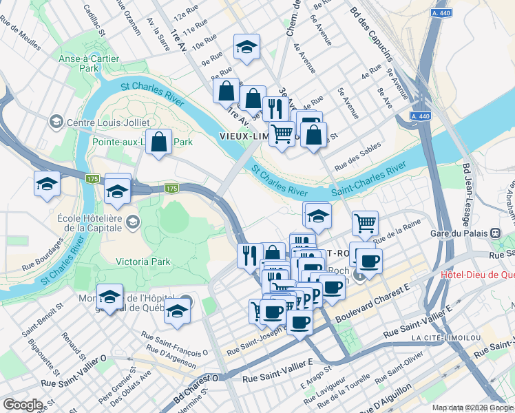 map of restaurants, bars, coffee shops, grocery stores, and more near 370 Rue des Embarcations in Quebec