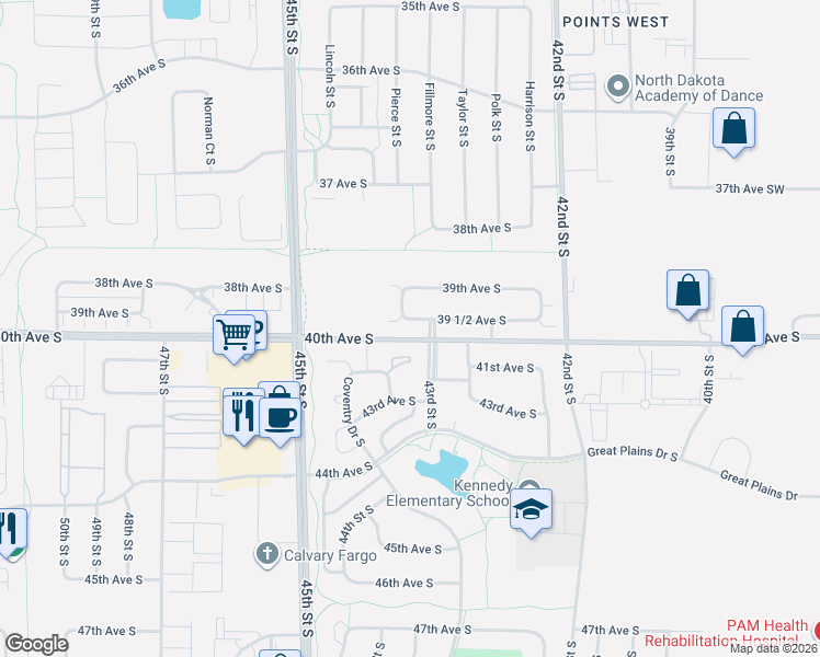 map of restaurants, bars, coffee shops, grocery stores, and more near in Fargo