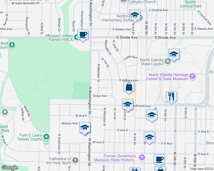 map of restaurants, bars, coffee shops, grocery stores, and more near 1111 North 1st Street in Bismarck