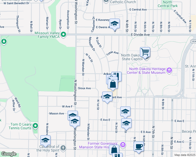 map of restaurants, bars, coffee shops, grocery stores, and more near 1111 North 1st Street in Bismarck