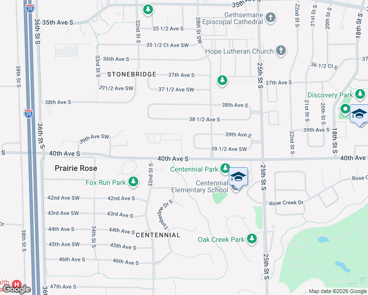 map of restaurants, bars, coffee shops, grocery stores, and more near 2905 40th Avenue South in Fargo