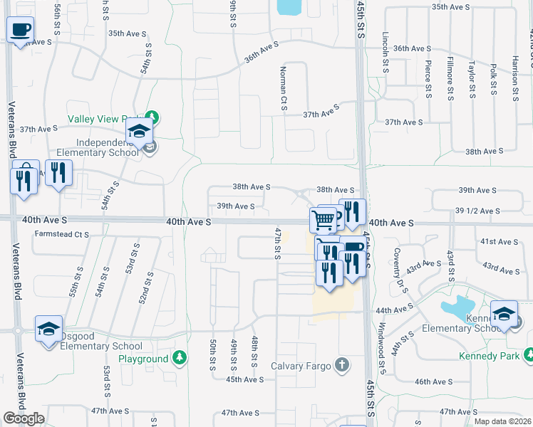map of restaurants, bars, coffee shops, grocery stores, and more near 4800 39th Avenue South in Fargo