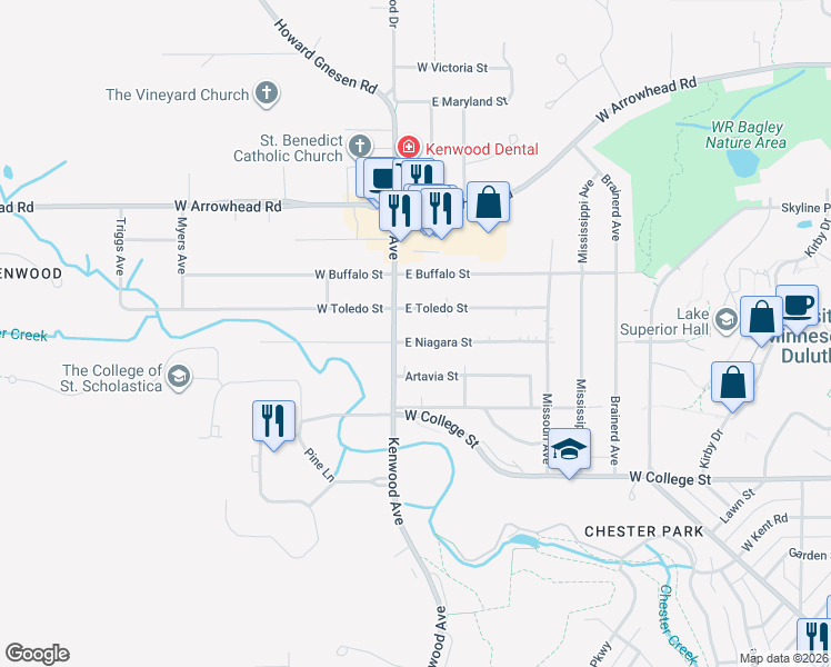 map of restaurants, bars, coffee shops, grocery stores, and more near 5 East Niagara Street in Duluth