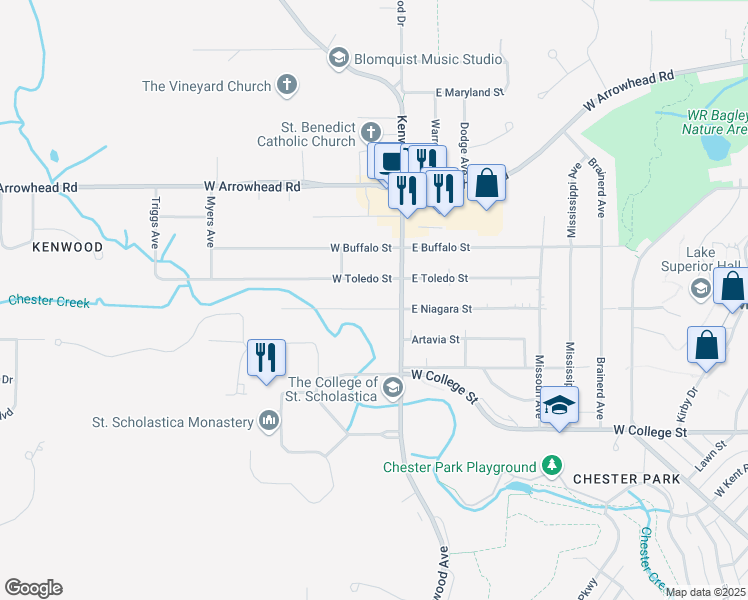 map of restaurants, bars, coffee shops, grocery stores, and more near 23 West Niagara Street in Duluth