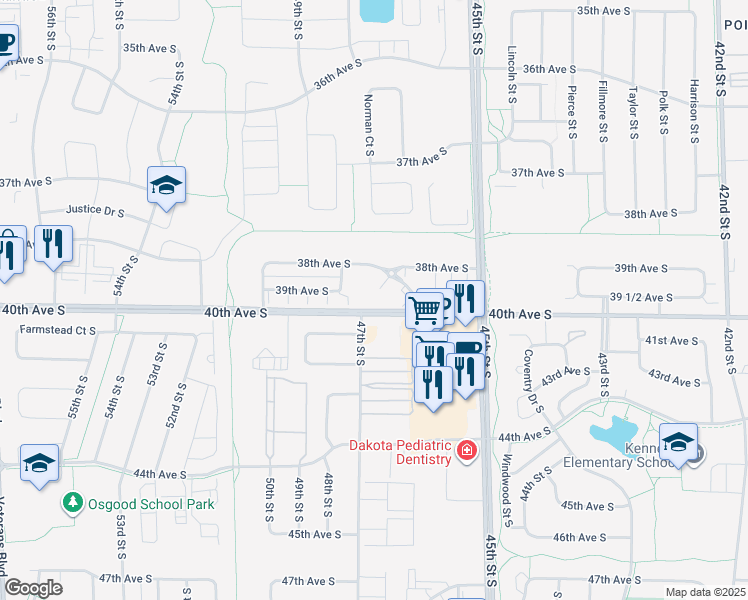 map of restaurants, bars, coffee shops, grocery stores, and more near 4752 38th Avenue South in Fargo