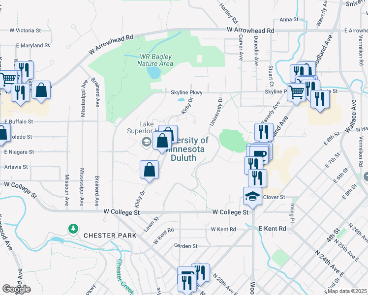 map of restaurants, bars, coffee shops, grocery stores, and more near 1049 University Drive in Duluth