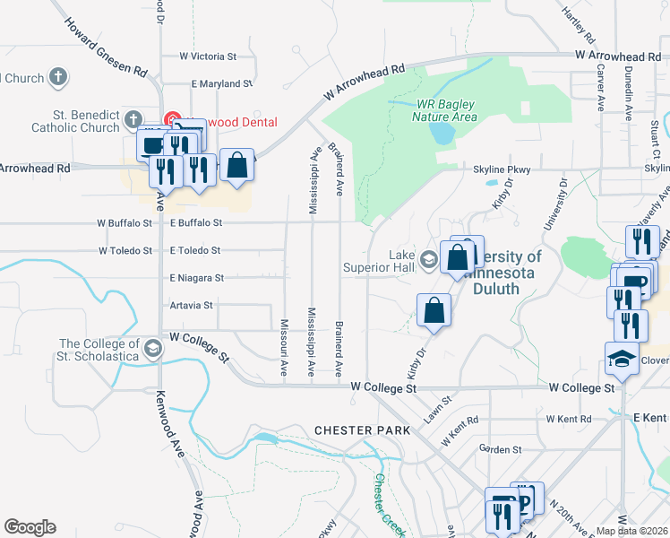 map of restaurants, bars, coffee shops, grocery stores, and more near 1230 Mississippi Avenue in Duluth