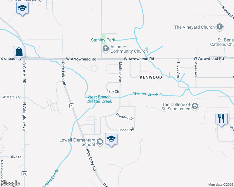 map of restaurants, bars, coffee shops, grocery stores, and more near 335 Madison Avenue in Duluth
