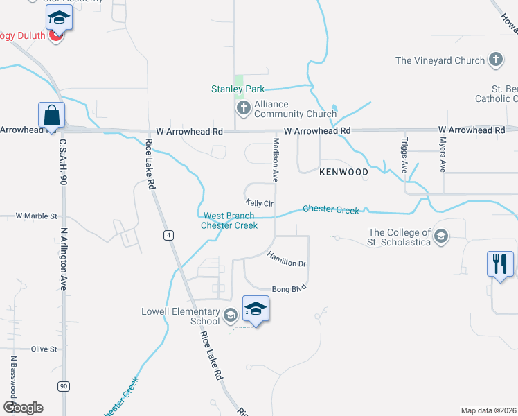 map of restaurants, bars, coffee shops, grocery stores, and more near 335 Madison Avenue in Duluth