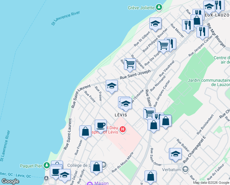 map of restaurants, bars, coffee shops, grocery stores, and more near 6695 Rue Saint-Louis-de-France in Levis