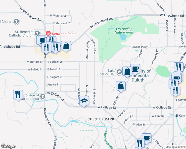 map of restaurants, bars, coffee shops, grocery stores, and more near 1230 Mississippi Avenue in Duluth