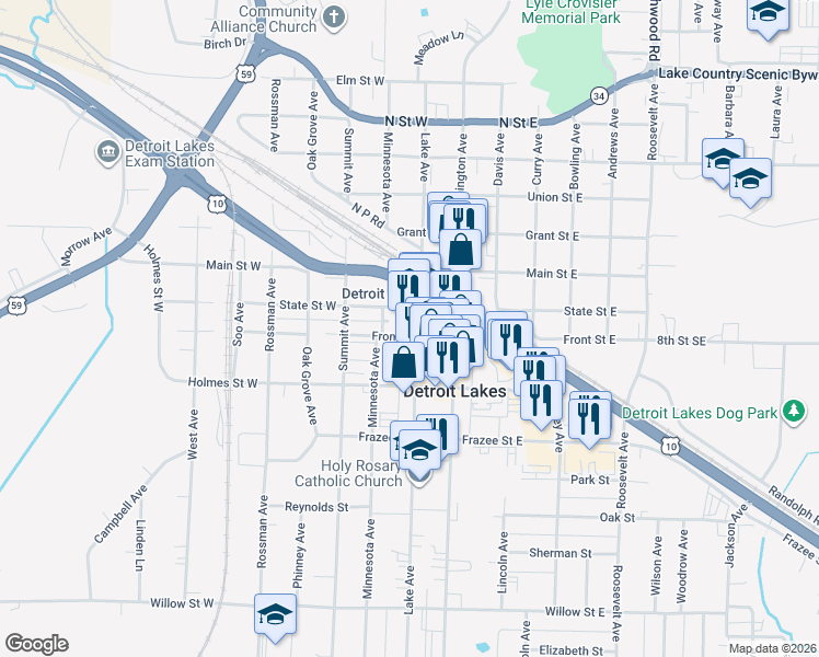 map of restaurants, bars, coffee shops, grocery stores, and more near 186 Graystone Plaza in Detroit Lakes