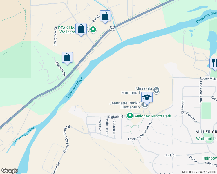 map of restaurants, bars, coffee shops, grocery stores, and more near 5905 Lower Miller Creek Road in Missoula