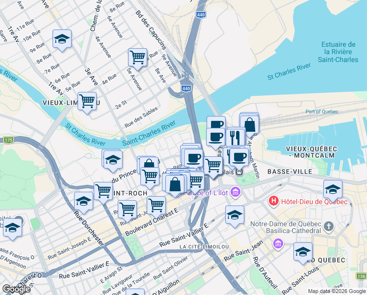 map of restaurants, bars, coffee shops, grocery stores, and more near 256 Rue de la Randonnée in Québec