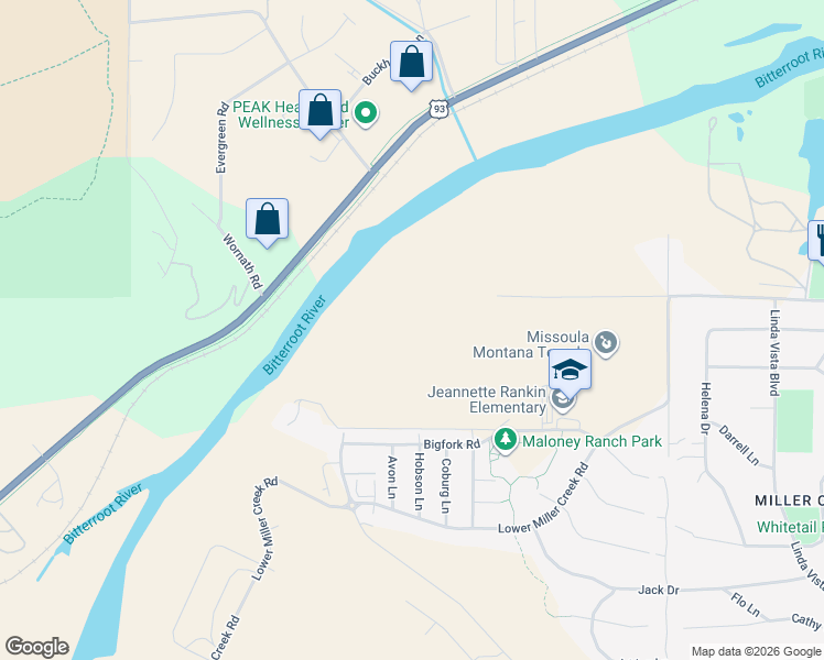 map of restaurants, bars, coffee shops, grocery stores, and more near 5905 Lower Miller Creek Road in Missoula