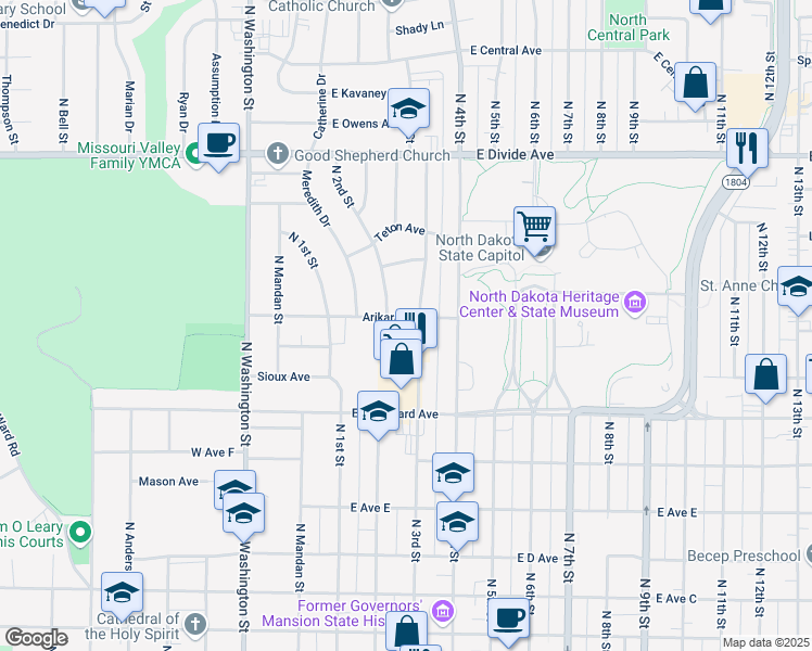 map of restaurants, bars, coffee shops, grocery stores, and more near 210 East Arikara Avenue in Bismarck