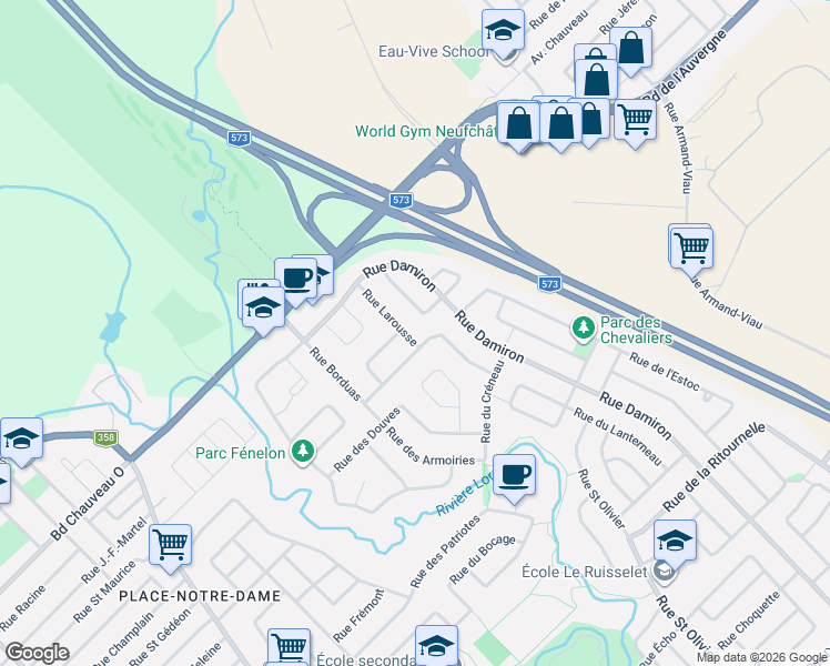 map of restaurants, bars, coffee shops, grocery stores, and more near 1255 Rue Larousse in L'Ancienne-Lorette