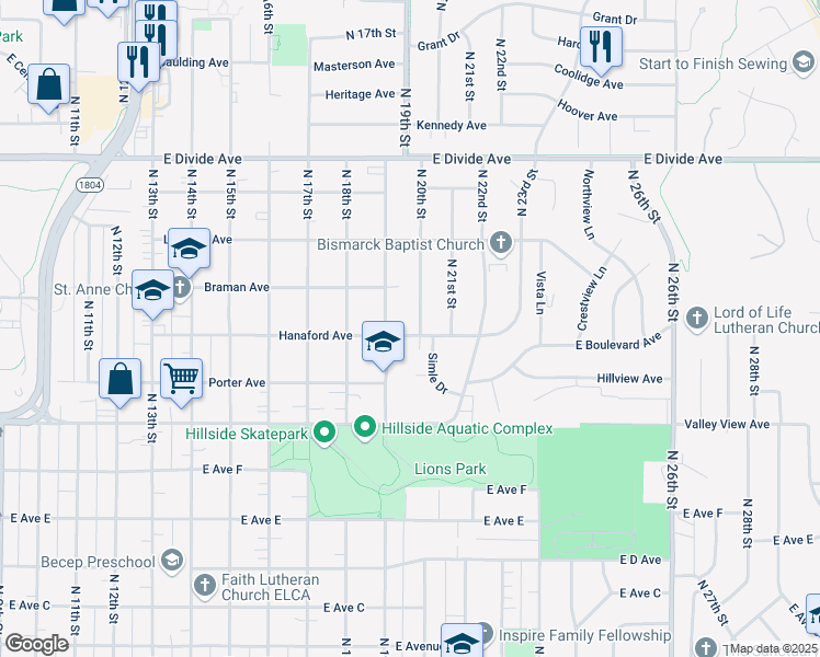 map of restaurants, bars, coffee shops, grocery stores, and more near 1312-1318 North 20th Street in Bismarck