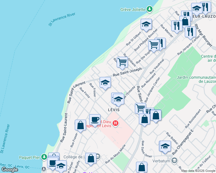 map of restaurants, bars, coffee shops, grocery stores, and more near 6695 Rue Saint-Louis-de-France in Levis