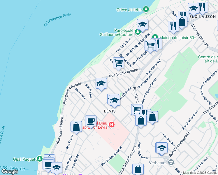 map of restaurants, bars, coffee shops, grocery stores, and more near Rue de Bienville in Lévis