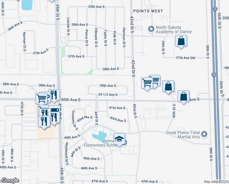 map of restaurants, bars, coffee shops, grocery stores, and more near 4256 39th Avenue South in Fargo