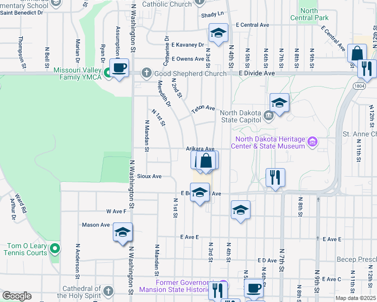 map of restaurants, bars, coffee shops, grocery stores, and more near 1203 Meredith Drive in Bismarck