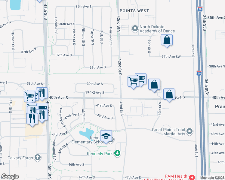 map of restaurants, bars, coffee shops, grocery stores, and more near 4236 39th Avenue South in Fargo