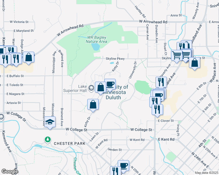 map of restaurants, bars, coffee shops, grocery stores, and more near 1208 Kirby Drive in Duluth